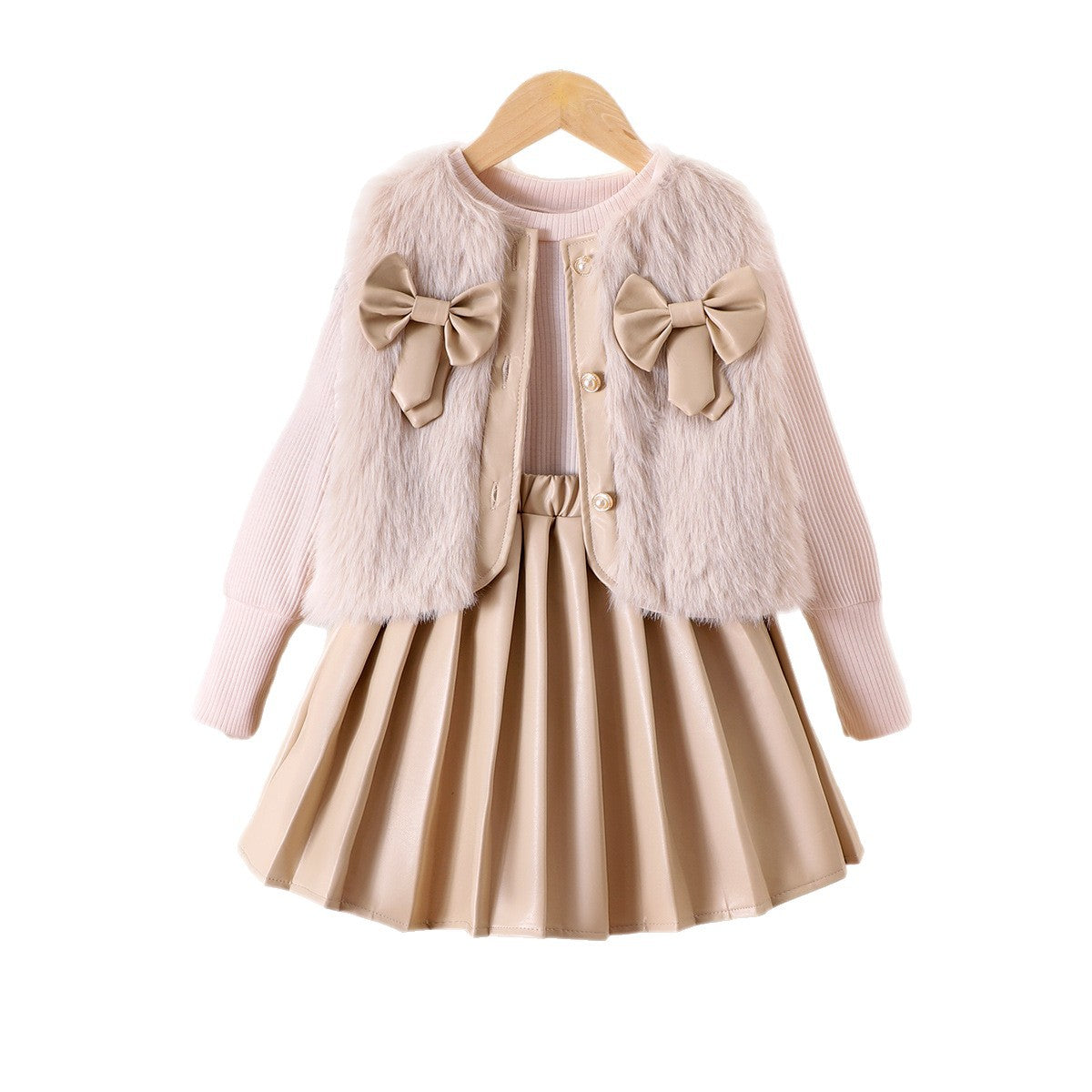 Round neck top bow tie jacket pleated skirt set