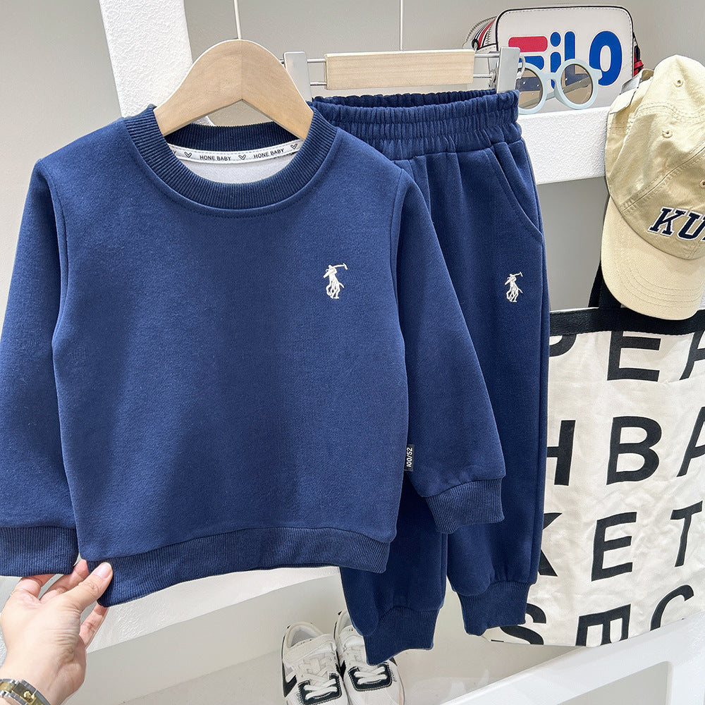 Boy's Embroidered Hoodie Set, Sporty Hoodie and Pants Two-Piece Set