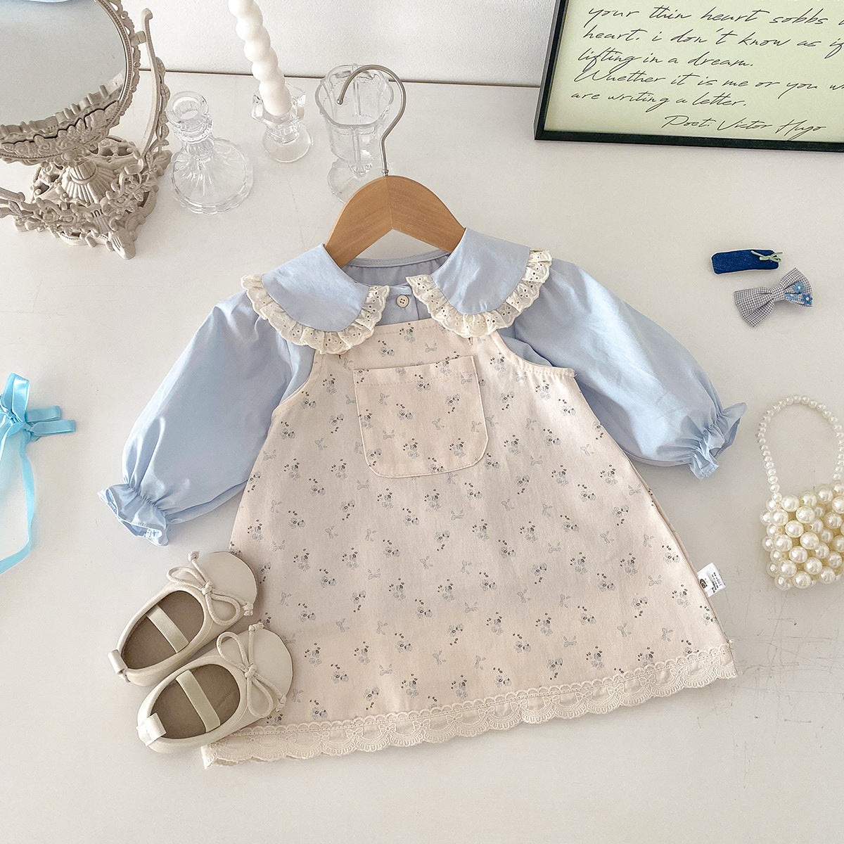 Cute Baby Girl Spring Outfit Set, Fashionable Floral Overalls Dress with Inner Top, Two-Piece Set, Princess Dress for Toddlers
