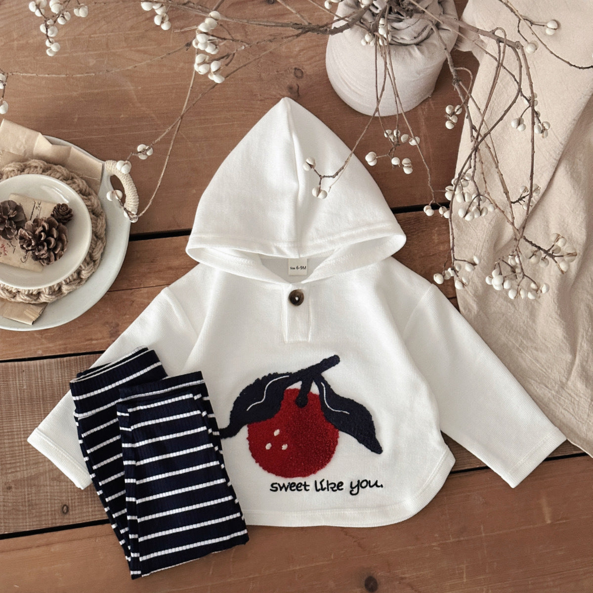 Cute cherry sticker hooded sweatshirt striped sports pants