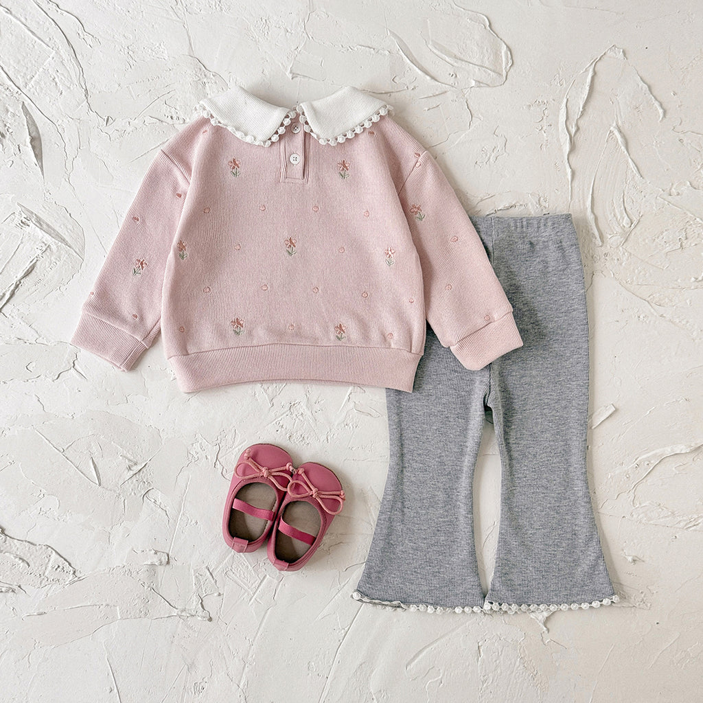 Floral doll collar long sleeved top+solid color flared pants lace hem two-piece set