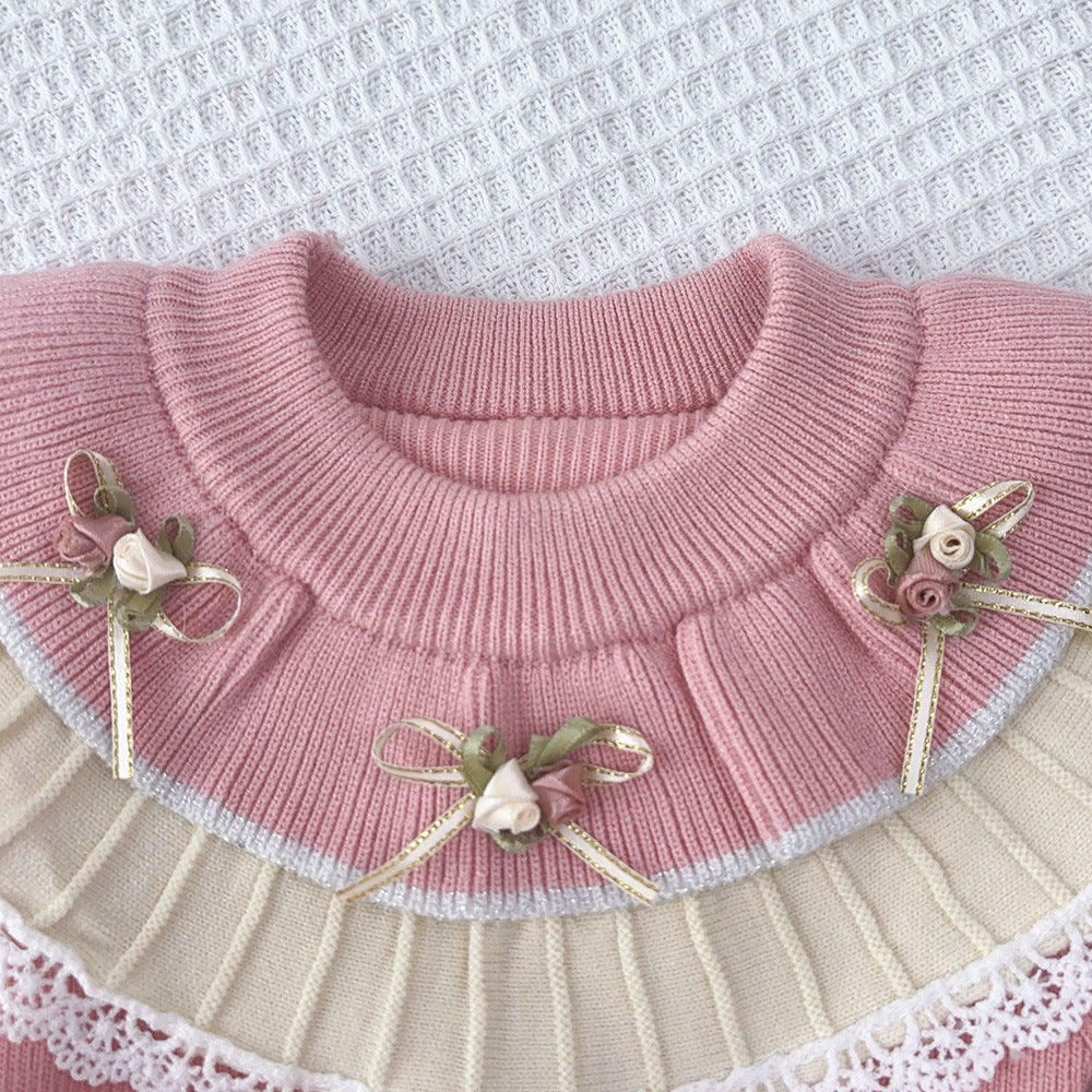Cute Knit Dress for Girls with Flower Pattern, Long Sleeve Pullover Princess Style Casual Wear