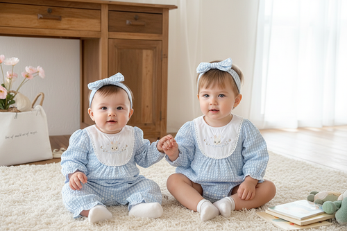 Baby and toddler wearing matching blue plaid rompers with bow headbands