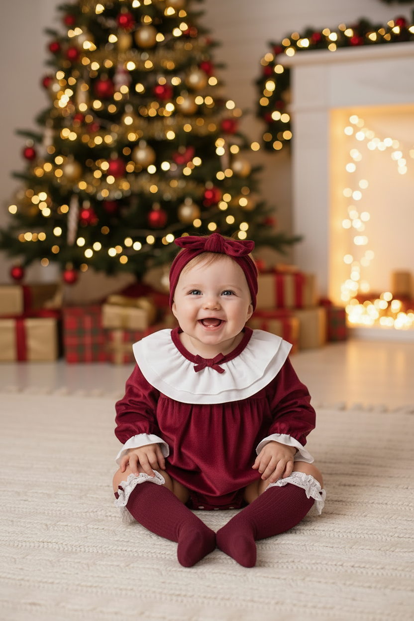 Baby Girl in Burgundy Romper with Velvet Headband