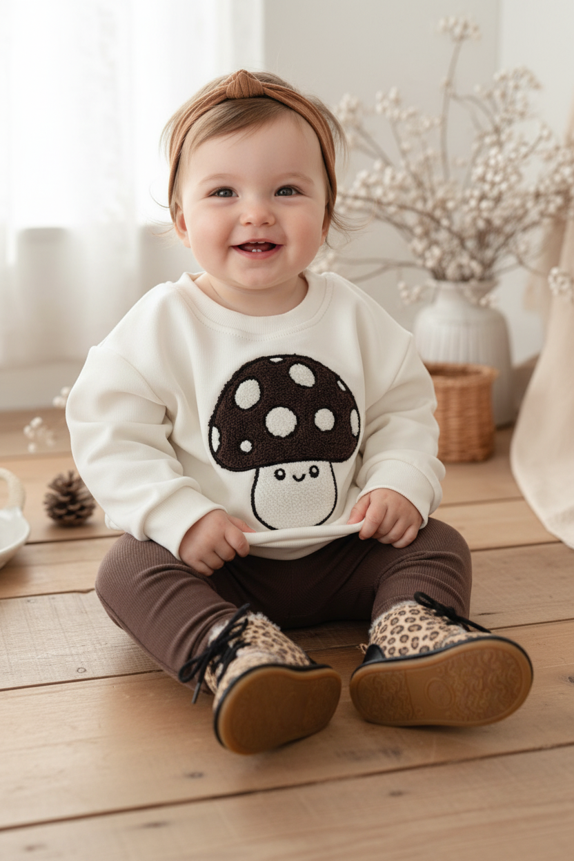 Baby Girl in Mushroom Outfit with Brown Headband