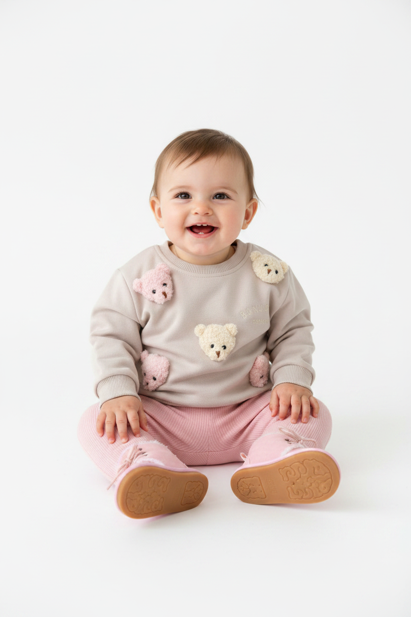 Baby in Bear Outfit with Pink Boots
