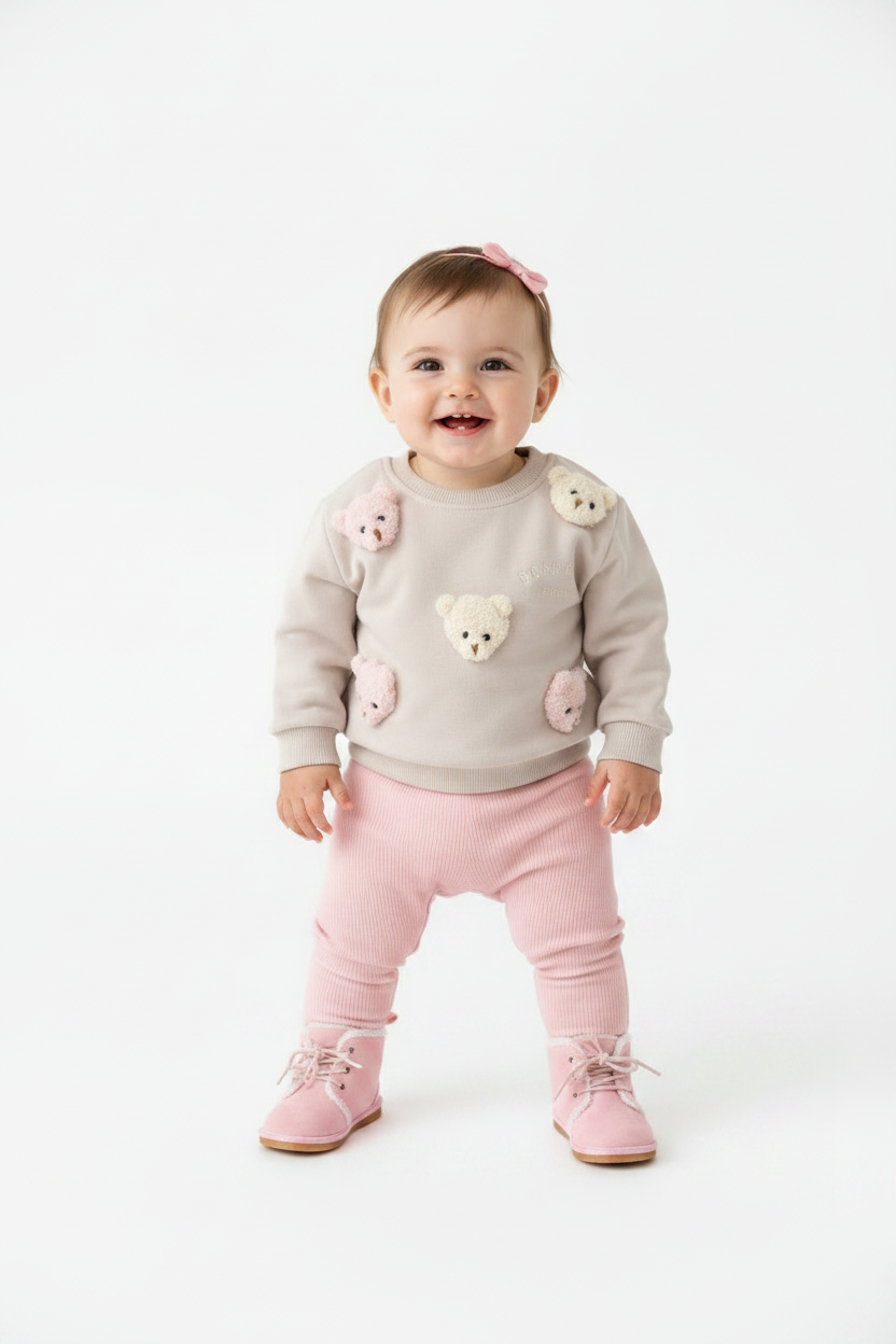 Baby in Bear Outfit with Pink Bow