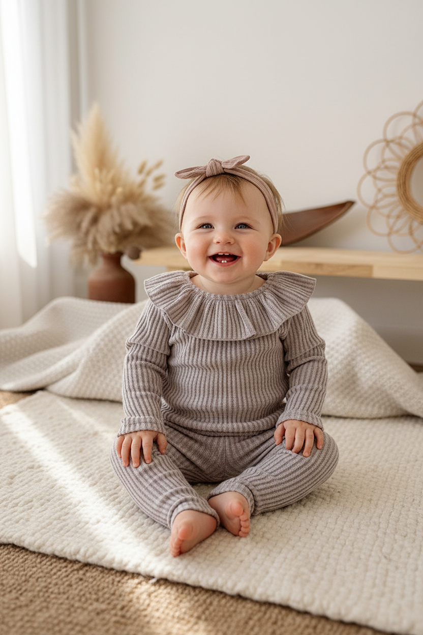 Baby in Grey Ribbed Frill Set