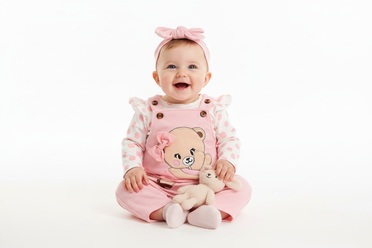Baby wearing pink bear dungarees outfit
