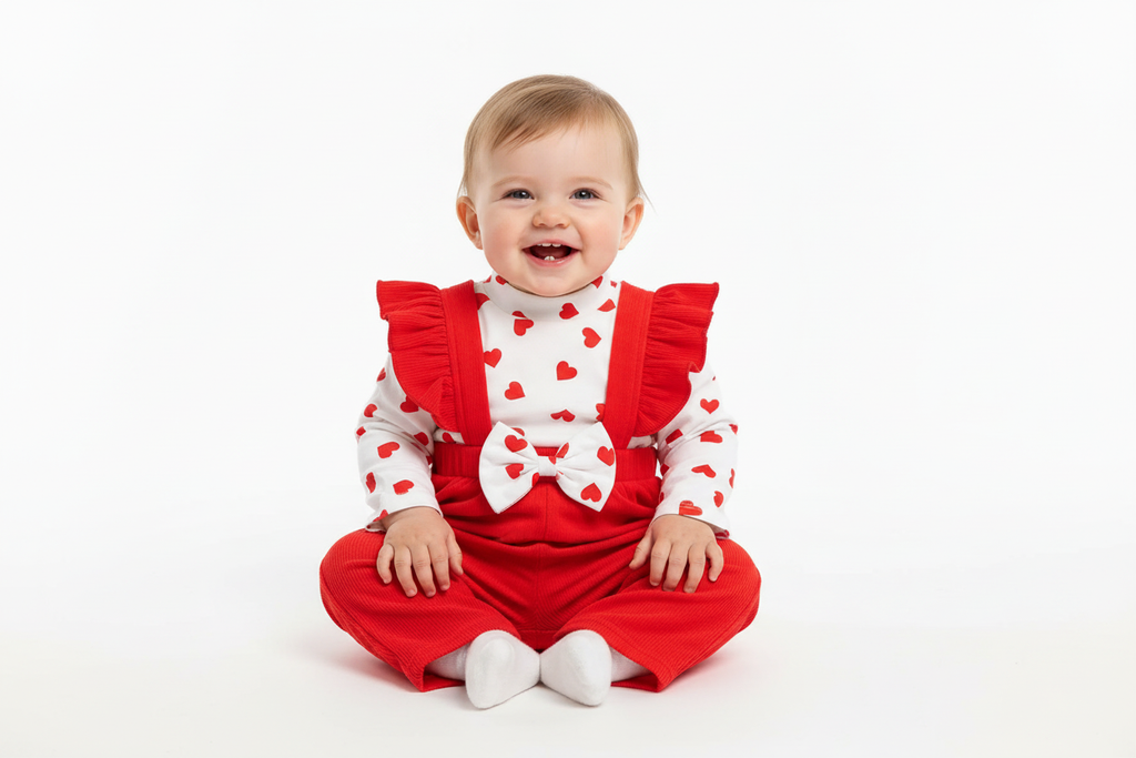 Baby wearing red heart Valentine's outfit