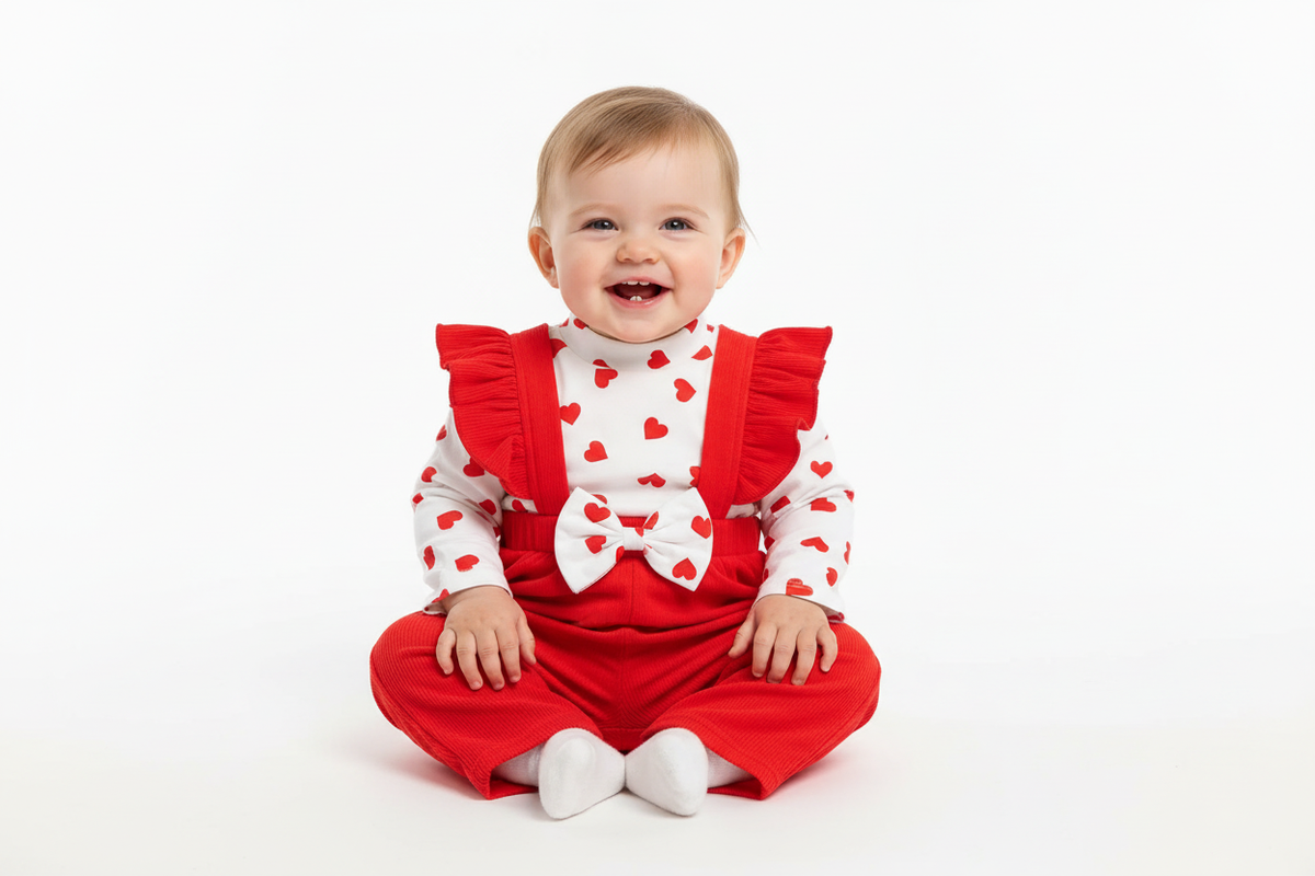 Baby wearing red heart Valentine's outfit