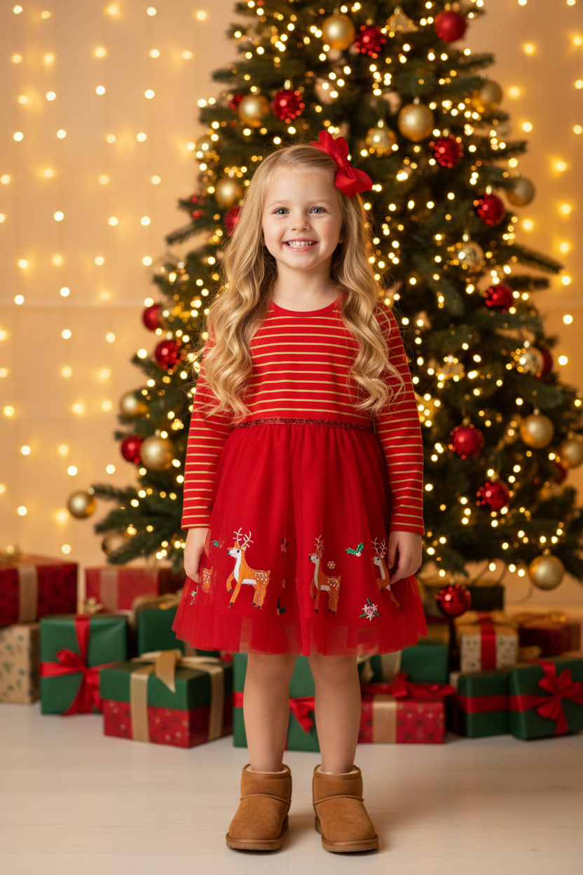 Blonde Girl in Red Reindeer Tulle Dress with Red Bow and Tan Boots