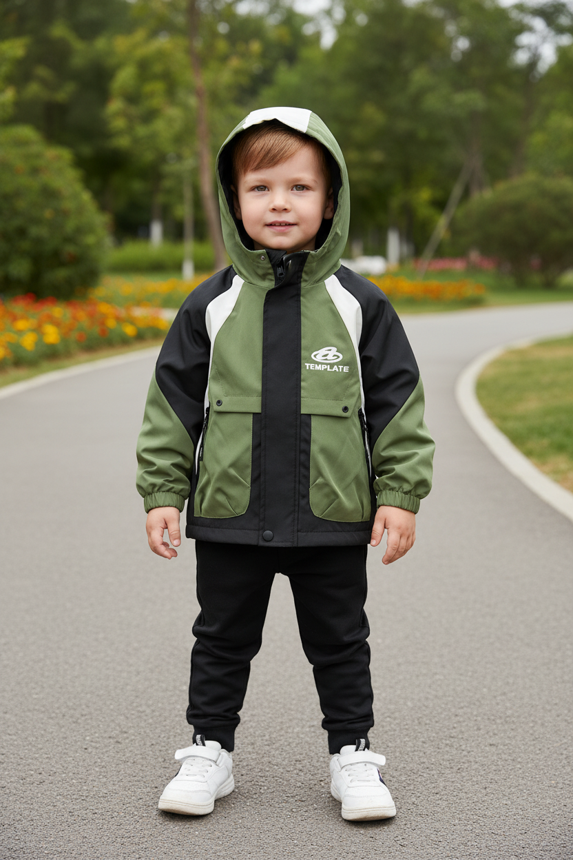 Boy in green colourblock jacket