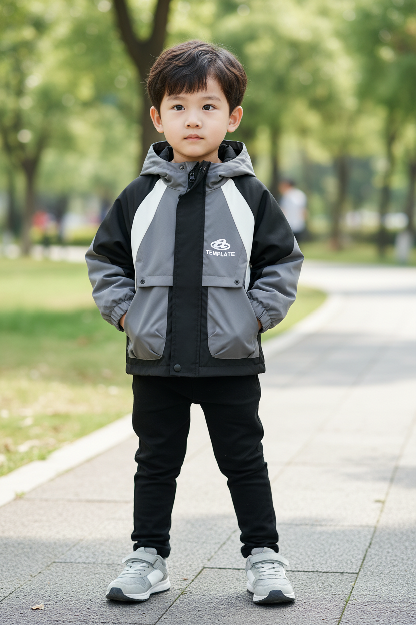 Boy in grey colourblock jacket
