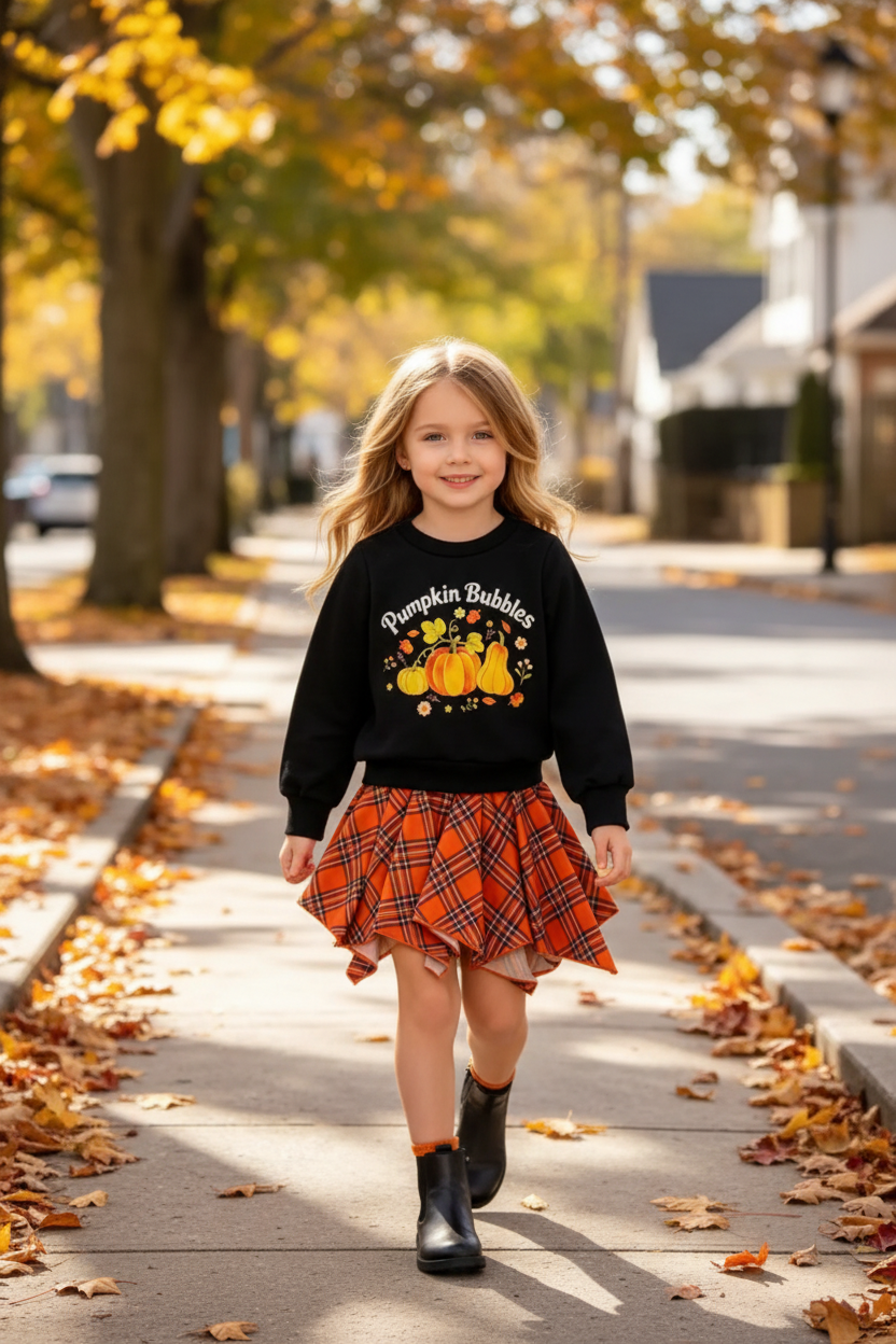 Children's Pumpkin Bubbles Graphic Top and Skirt Outfit Set
