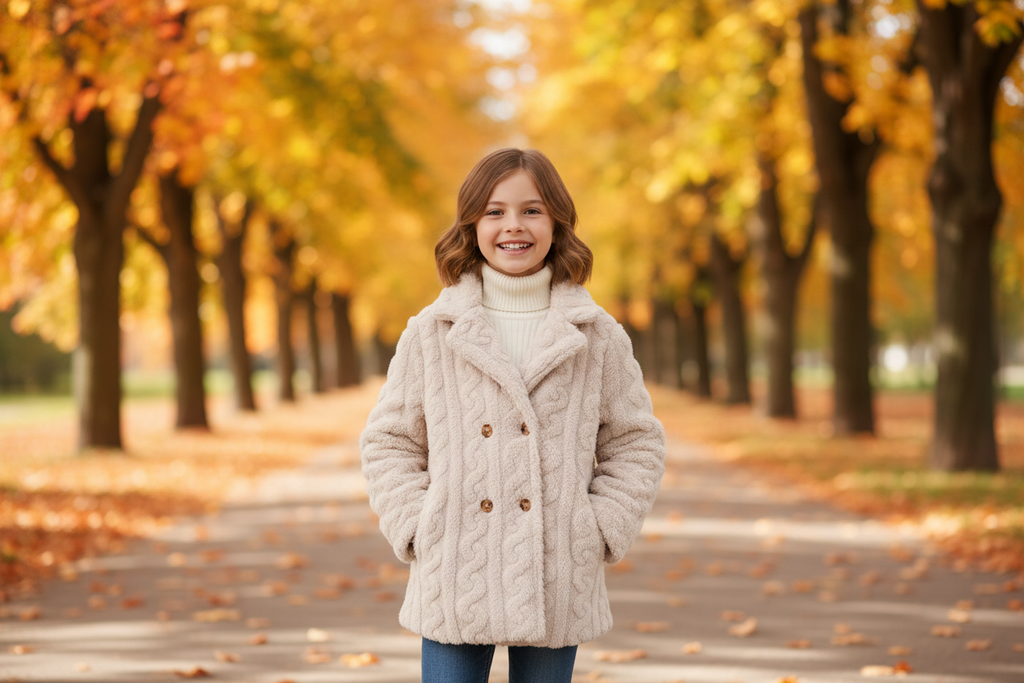 Child in cream teddy coat outdoors