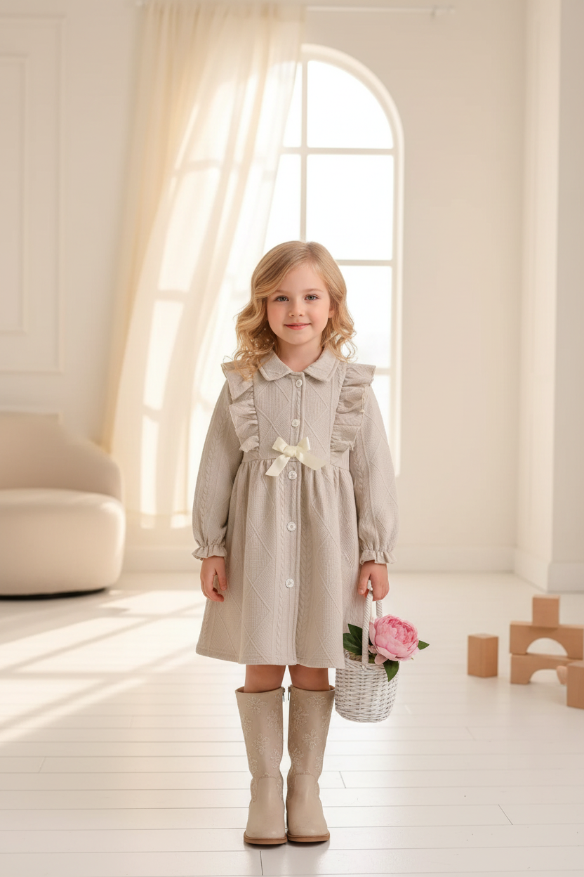 Girl in beige cable knit dress with cream boots