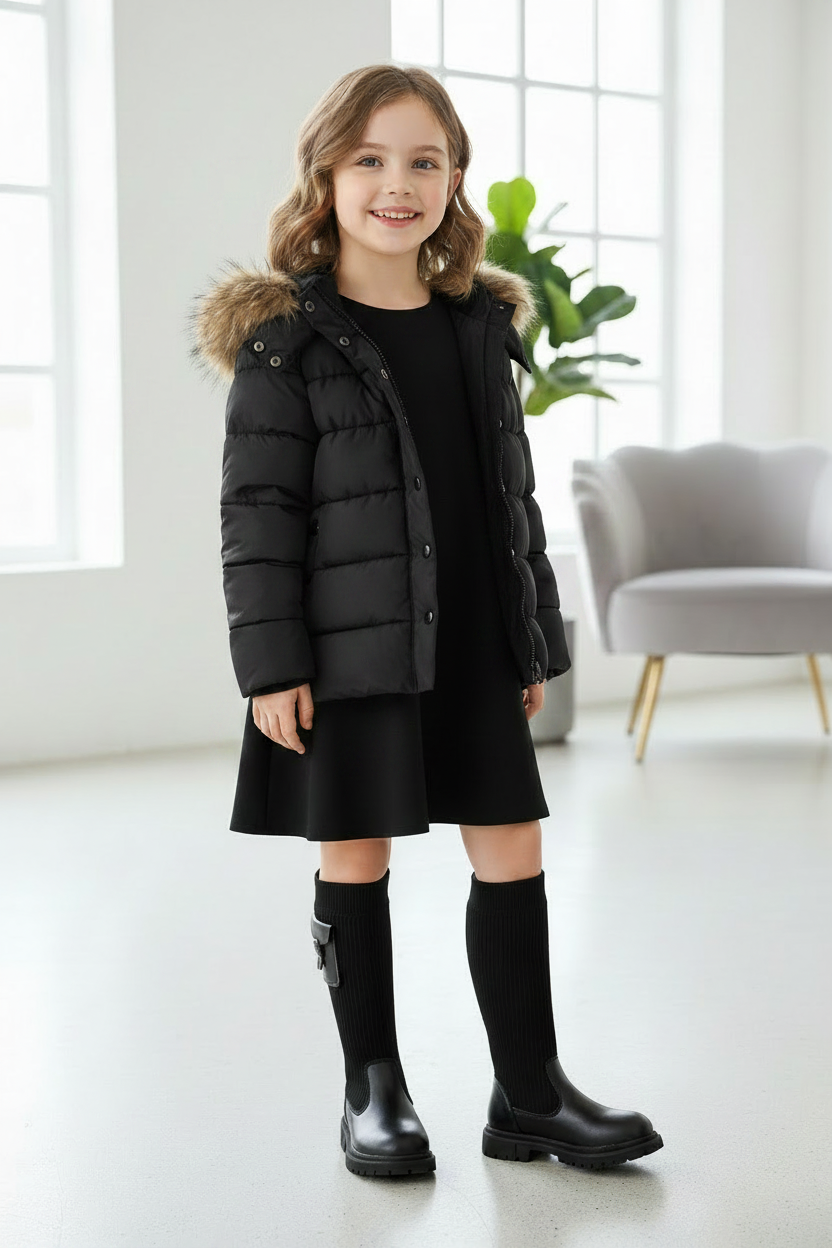 Girl in black coat and sock boots
