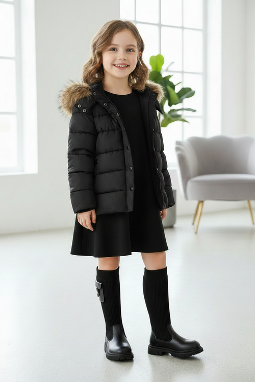 Girl in black coat and sock boots