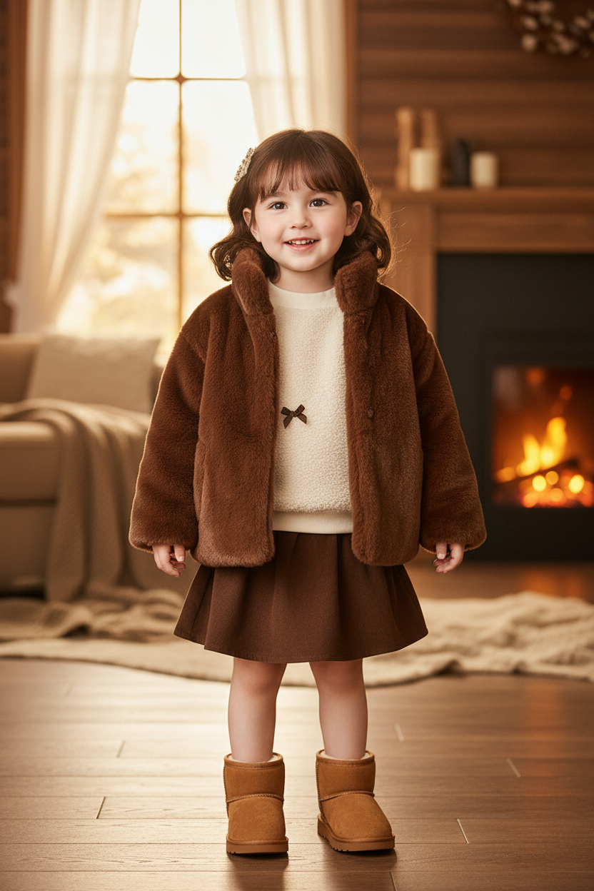Girl in Bow Sweatshirt, Brown Skirt, Faux Fur Coat and UGG Boots