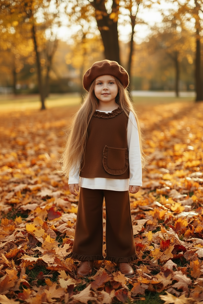 Girl in Brown Fleece Set with Beret