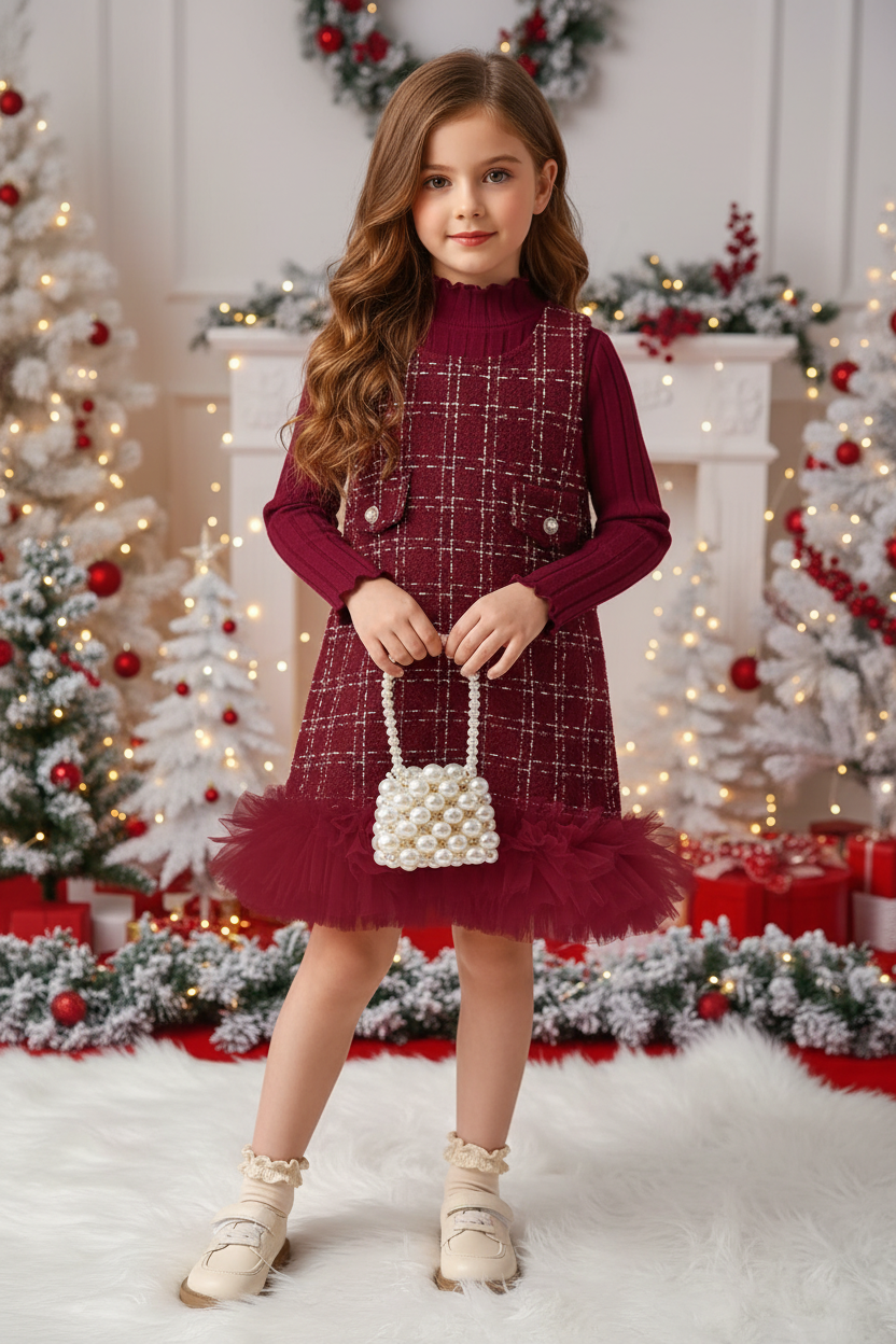 Girl in burgundy tweed dress set with pearl accessories