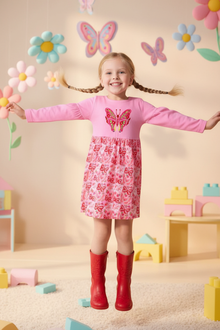 Girl in butterfly dress with red boots
