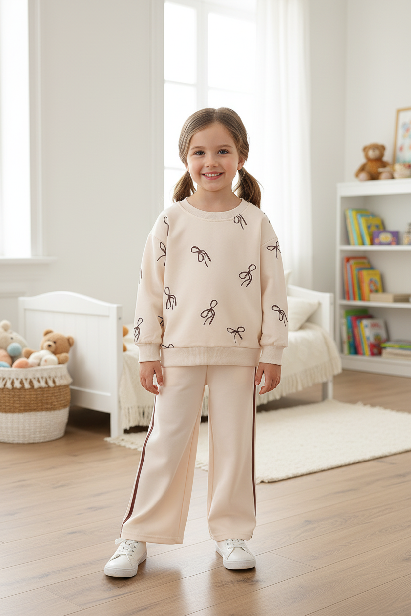 Girl in cream bow print tracksuit