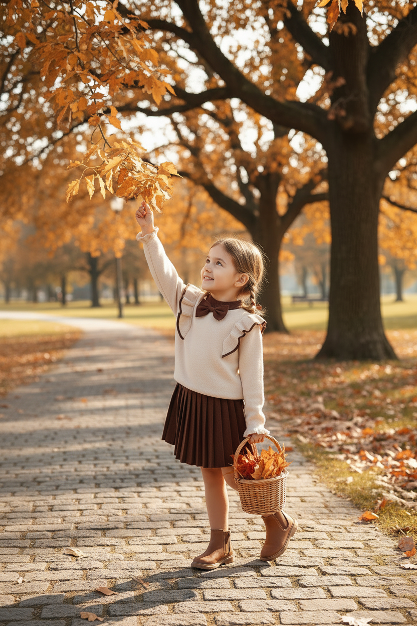 Girl in cream knit outfit with brown boots and cream knee-high bow socks