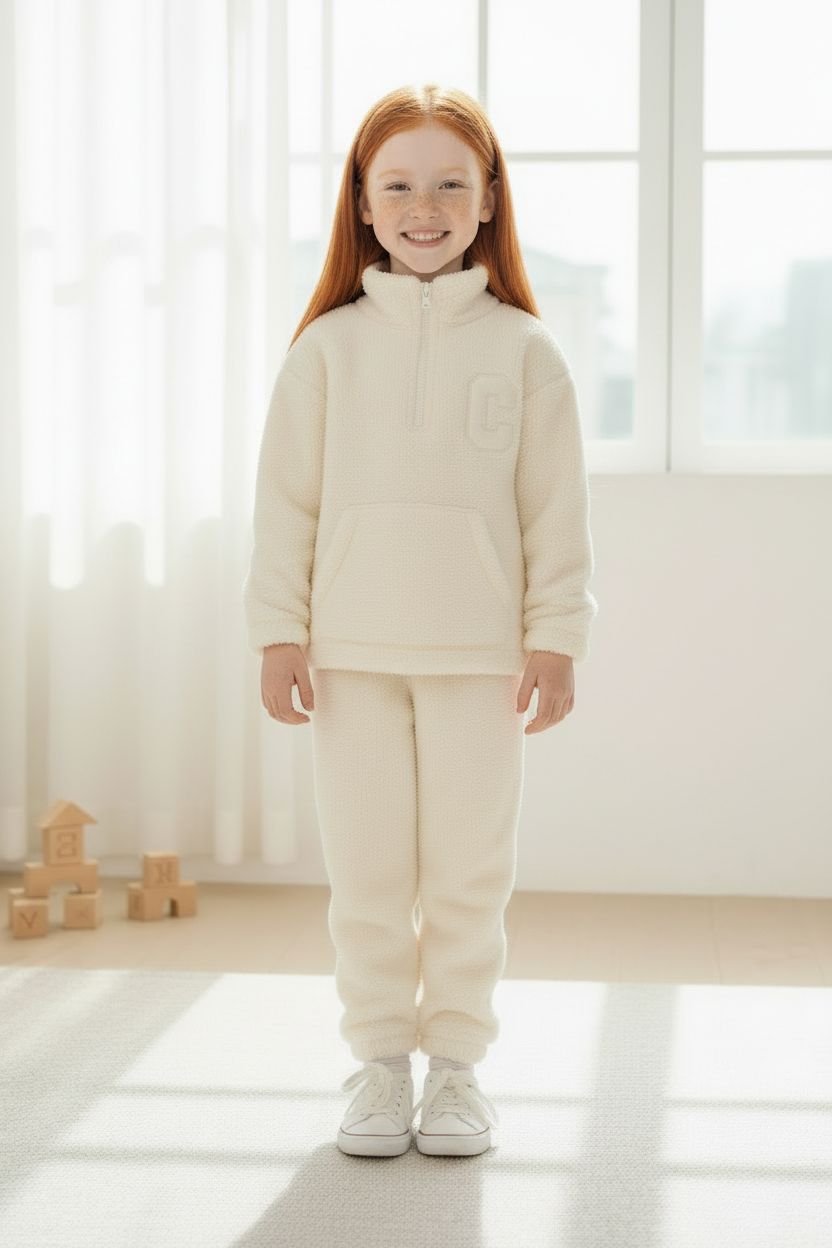 Girl in cream teddy fleece tracksuit