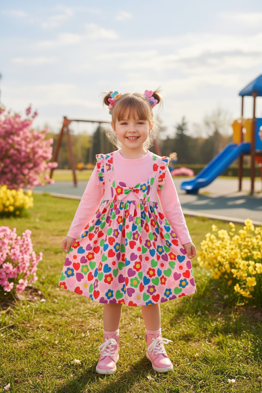 Girl in floral pinafore dress with pink boots