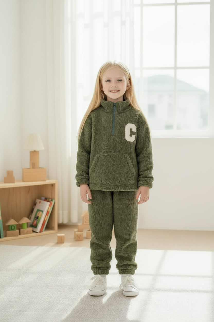 Girl in green teddy fleece tracksuit