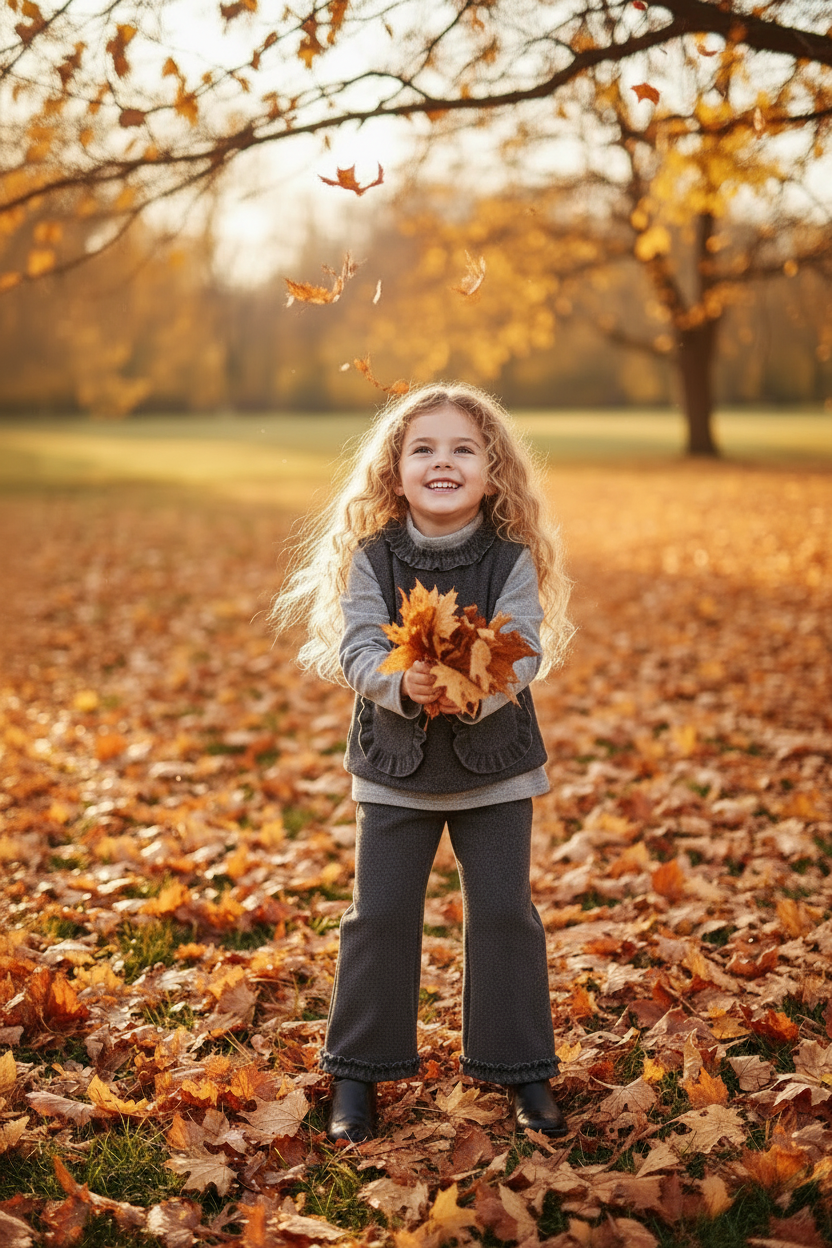 Girl in Grey Fleece Set with Blonde Curls