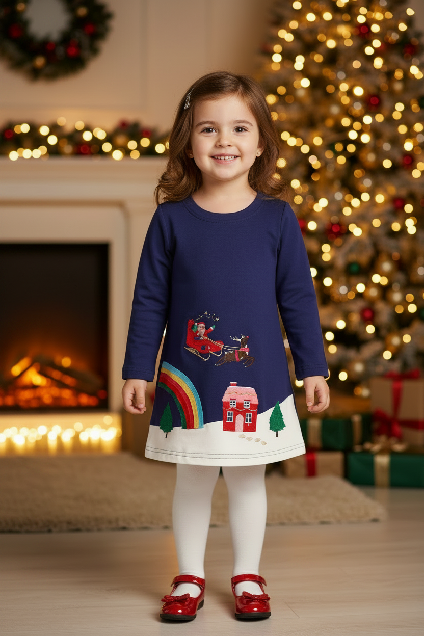 Girl in Navy Santa Sleigh Dress with Red Shoes
