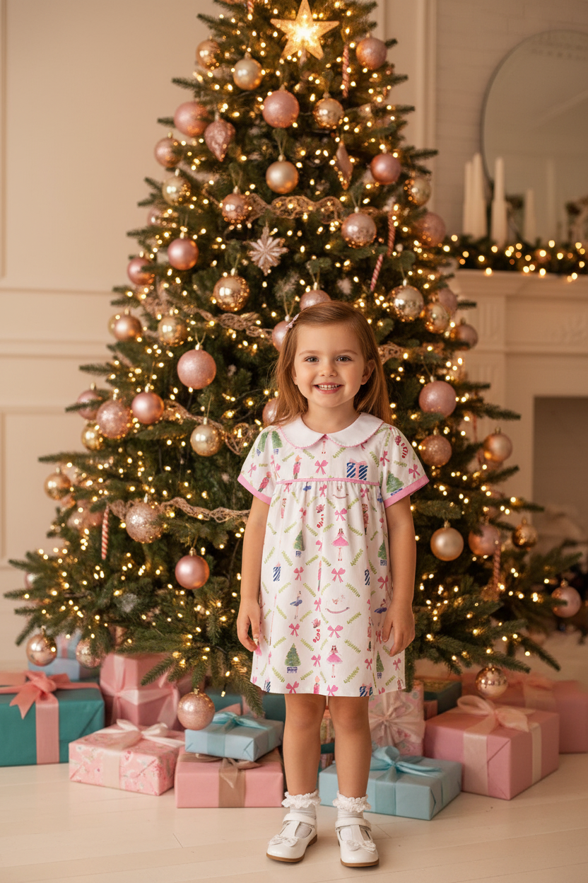 Girl in Nutcracker Print Dress by Christmas Tree