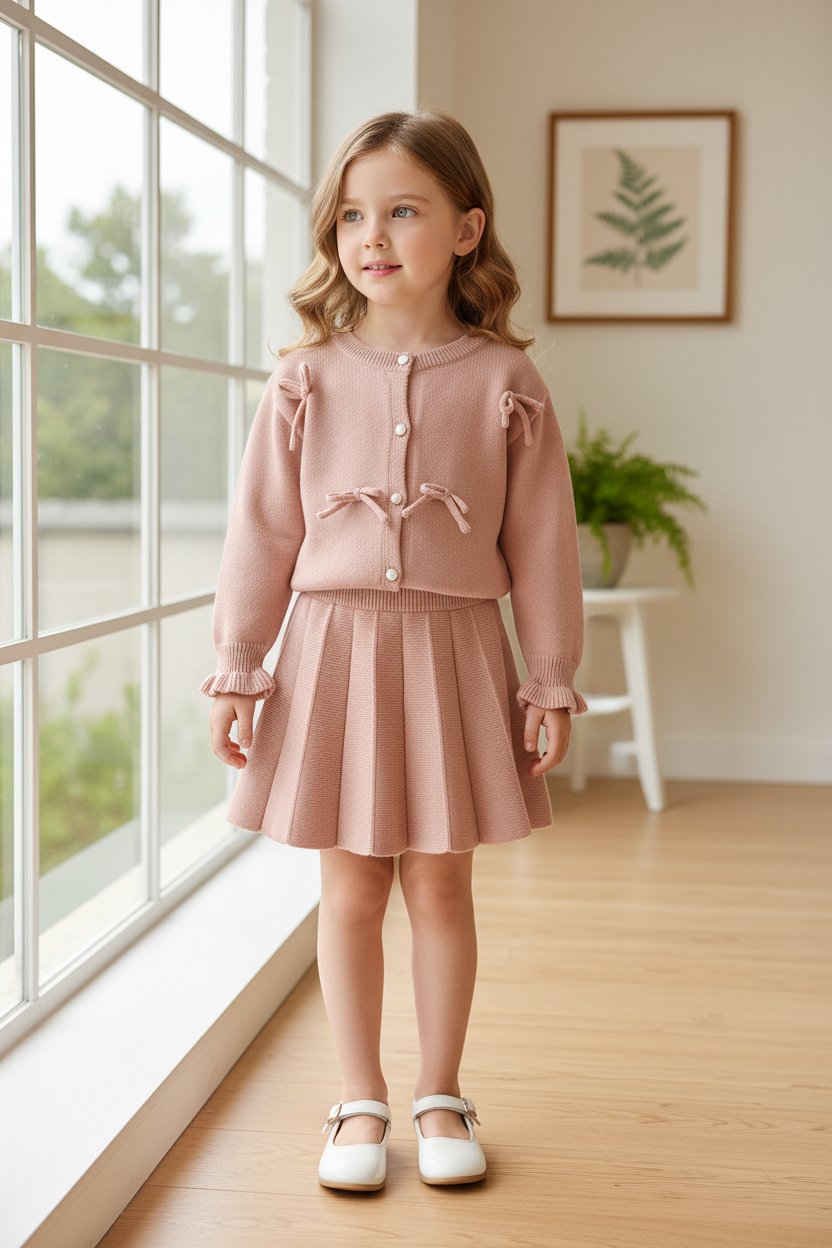 Girl in pink bow knit cardigan and skirt