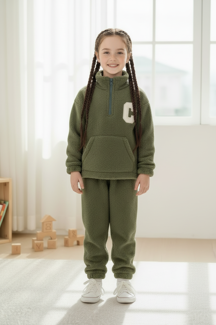 Girl in pink teddy fleece tracksuit