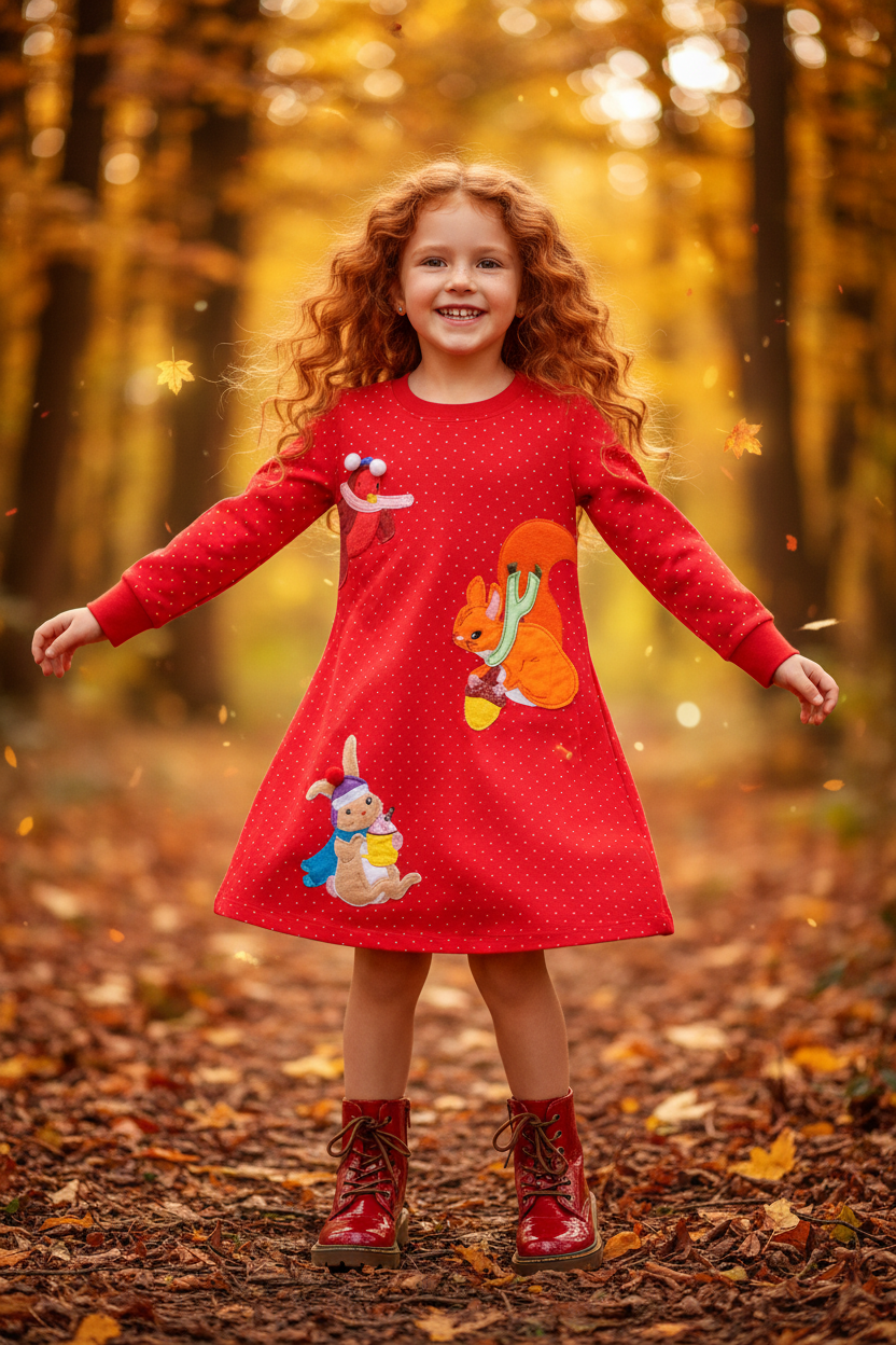 Girl in red woodland animals dress with red boots