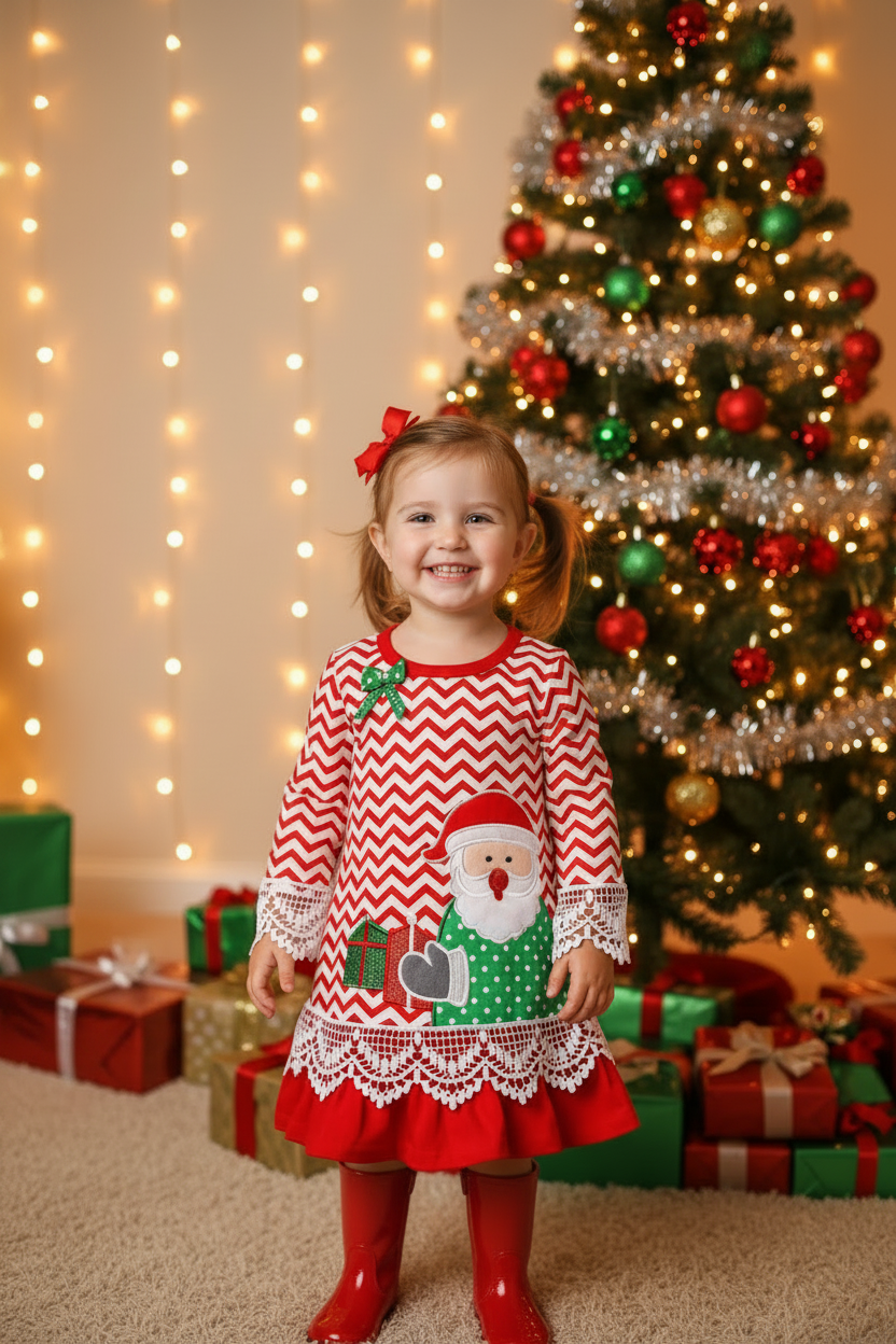 Girl in Santa Dress with Red Bows and Red Boots