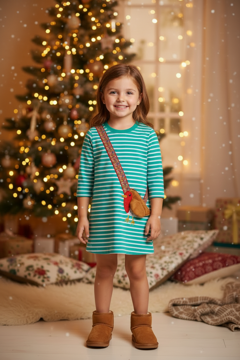 Girl in Teal Robin Dress with Long Sleeves and Tan Boots