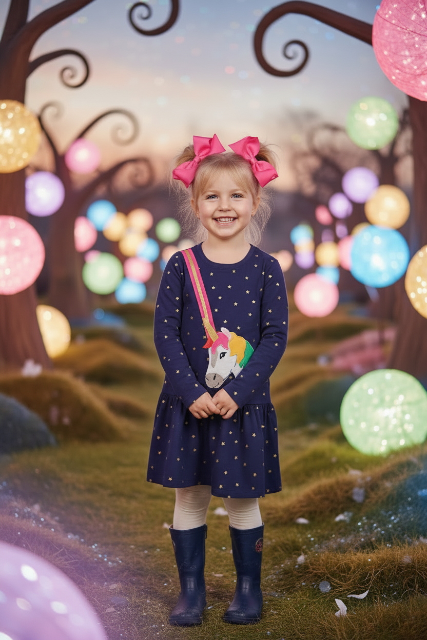Girl in unicorn star dress with pink bows in pigtails