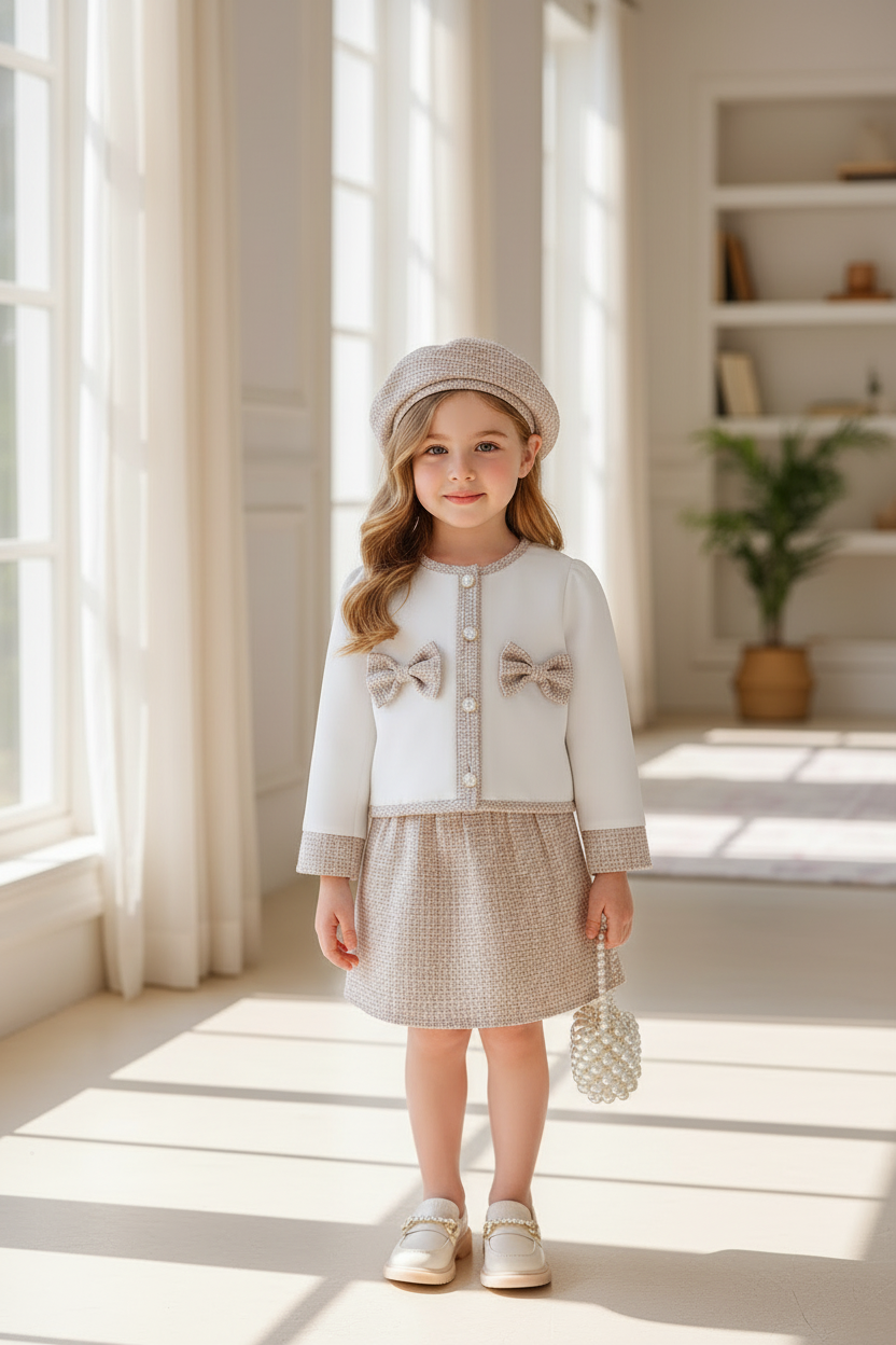 Girl in white tweed bow jacket and beret