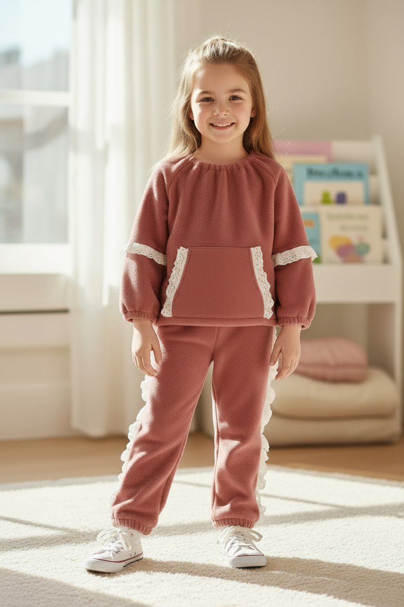 Girl standing in pink tracksuit with white trainers