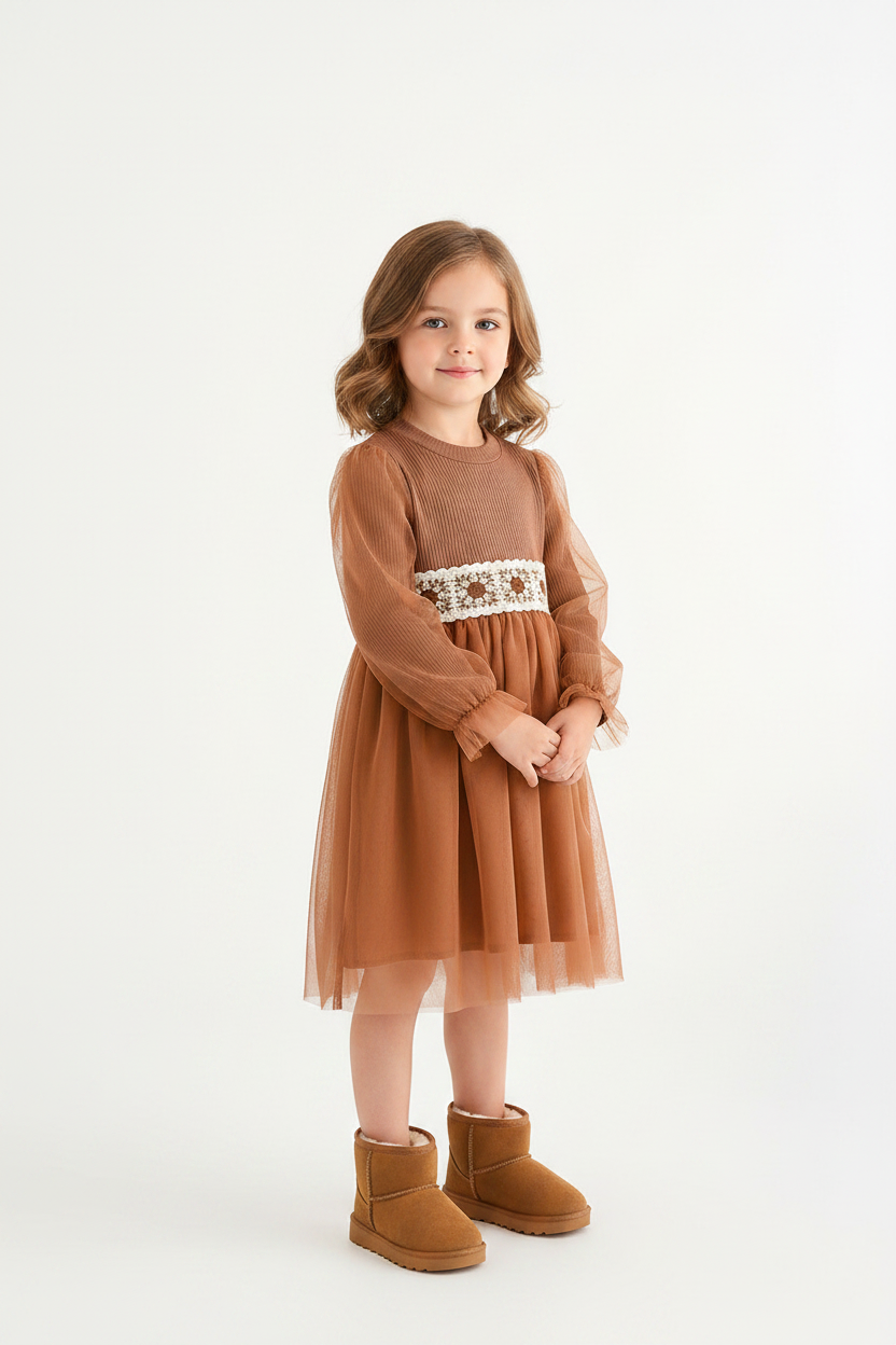 Girl wearing brown dress and tan snow boots