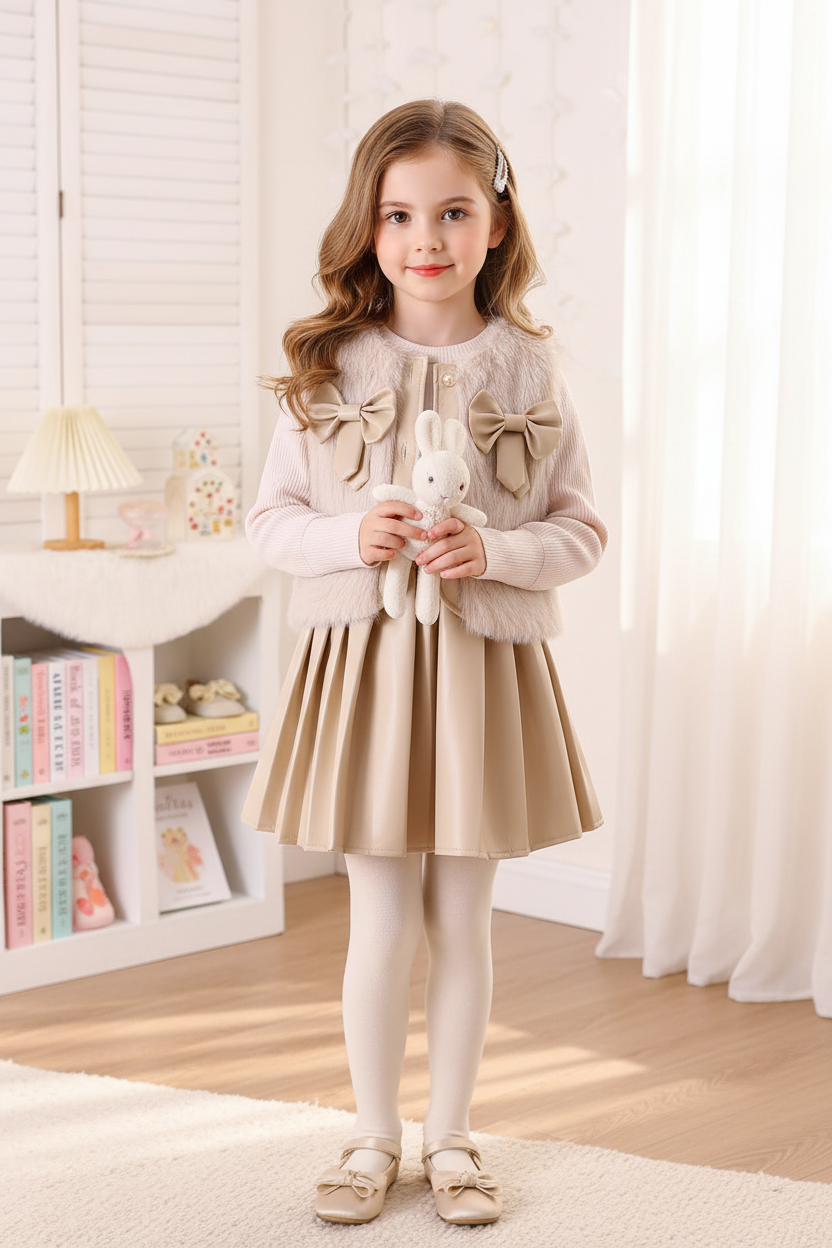 Girl wearing fluffy bow cardigan outfit