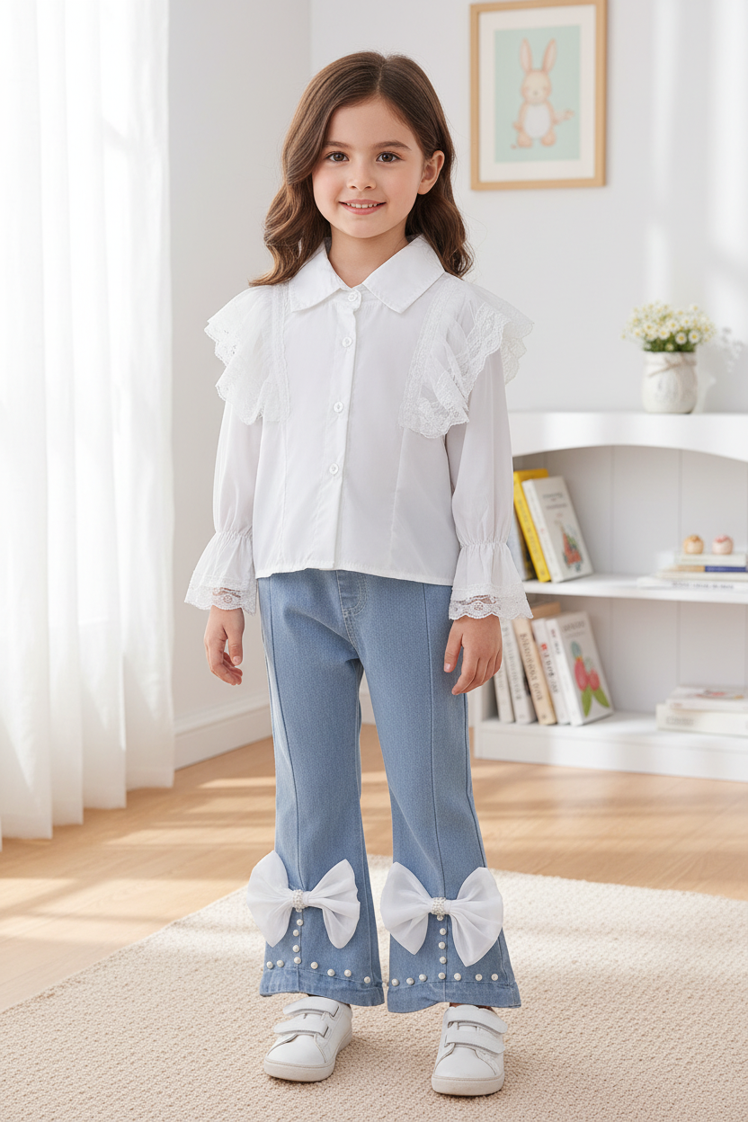 Girl wearing white lace blouse and denim bow flare trousers with white trainers