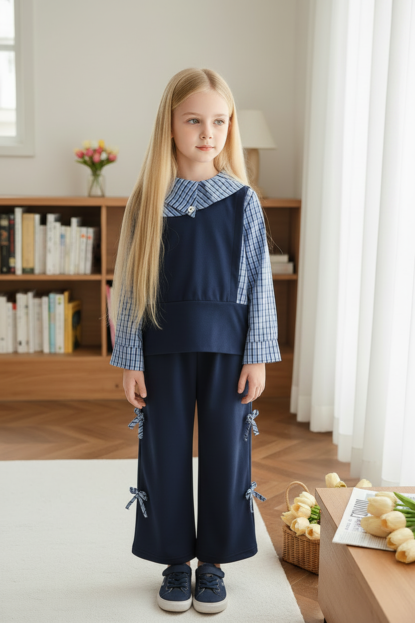Girl with long blonde hair in navy plaid outfit with navy trainers