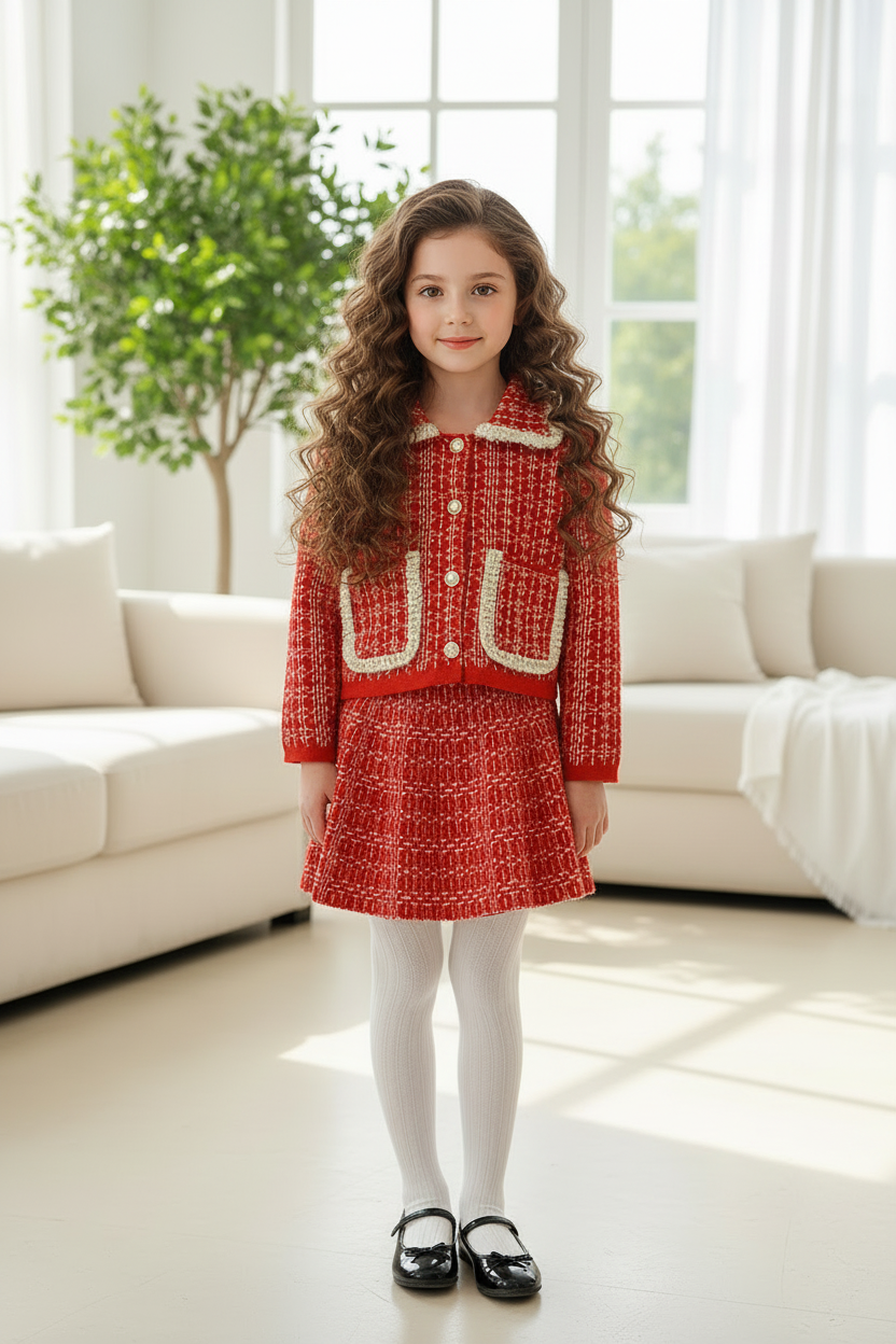 Girl with long curly hair in red tweed outfit