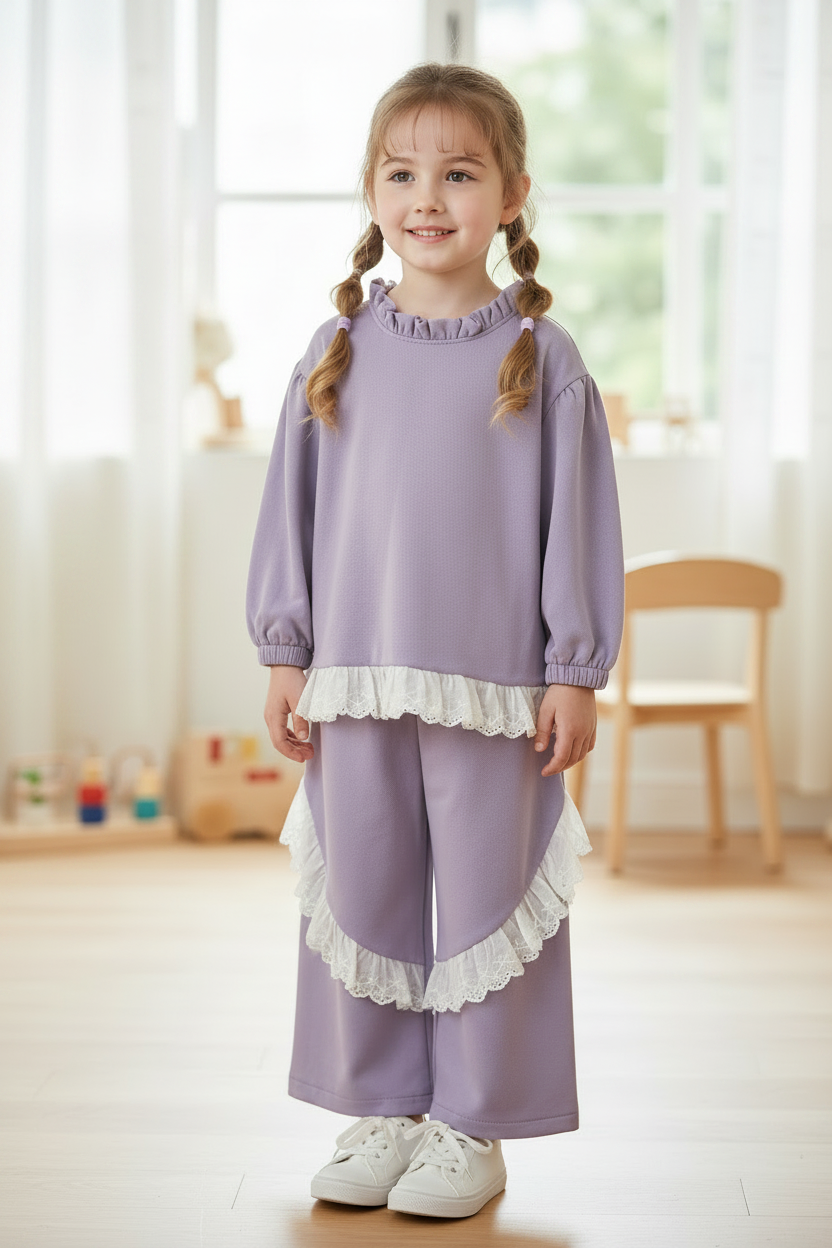 Girl with pigtails in lavender ruffle set