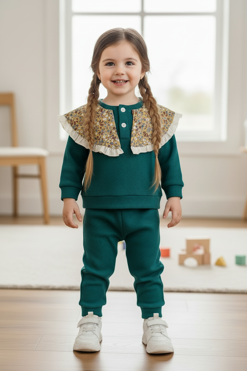 Older girl with dark brown plaits in teal ribbed knit set